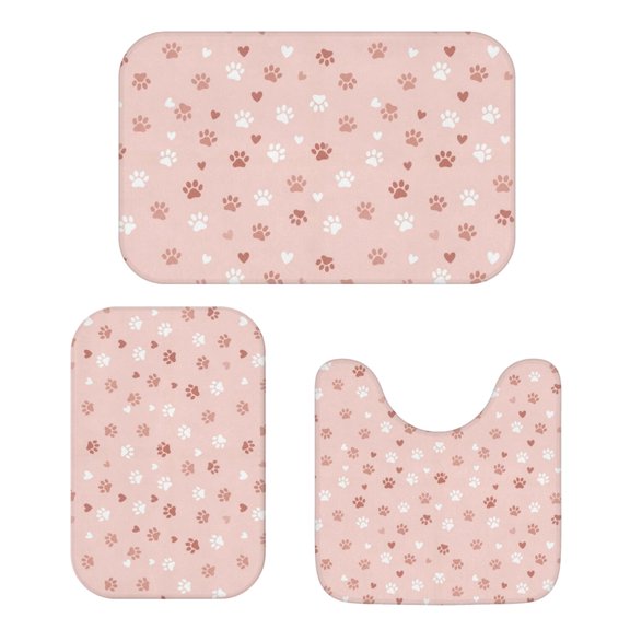 Dog Paw Print and Heart Pink Pattern Bathroom Rug Set 3 Piece,Non-Slip Bath Mat Set with U-Shaped Contour and Runner Soft Absorbent Washable
