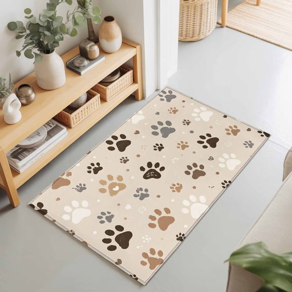 Dog Paw Prints 2'x3' Rug for Entryway Front Door Kitchen Sink Area, Brown Khaki Beige Cat Paws Animal Tracks Casual Low Pile Washable Non Slip Rectangle Area Rug for Living Room