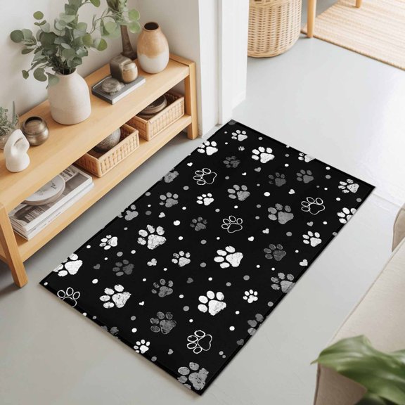 Dog Paw Prints 2'x3' Rug for Entryway Front Door Kitchen Sink Area, Gray White Cat Paws Animal Tracks Black Background Low Pile Washable Non Slip Rectangle Area Rug for Living Room