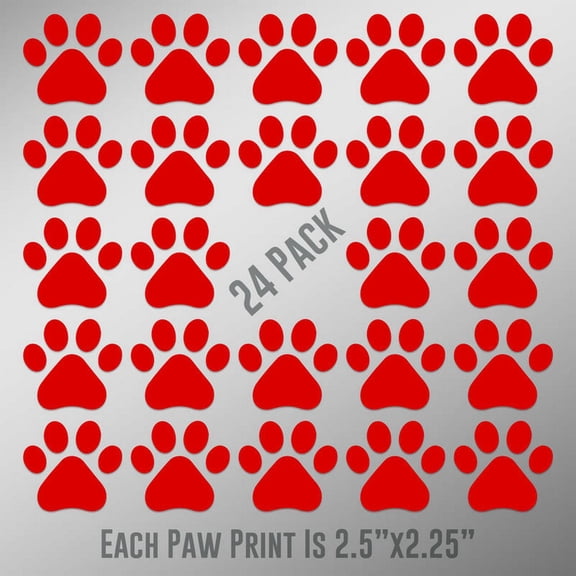 Dog Paw Prints 24-Pack | Each paw 2.5-Inches By 2.25-Inches | Red Vinyl