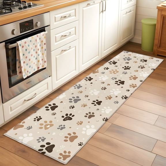Dog Paw Prints 2x6 Hallway Washable Runner Rug Brown Khaki Beige Cat Paws Animal Tracks Casual Kitchen Runner Mat Non Slip Low Pile Thin Floor Carpet for Indoor Bedroom Bathroom Living Room