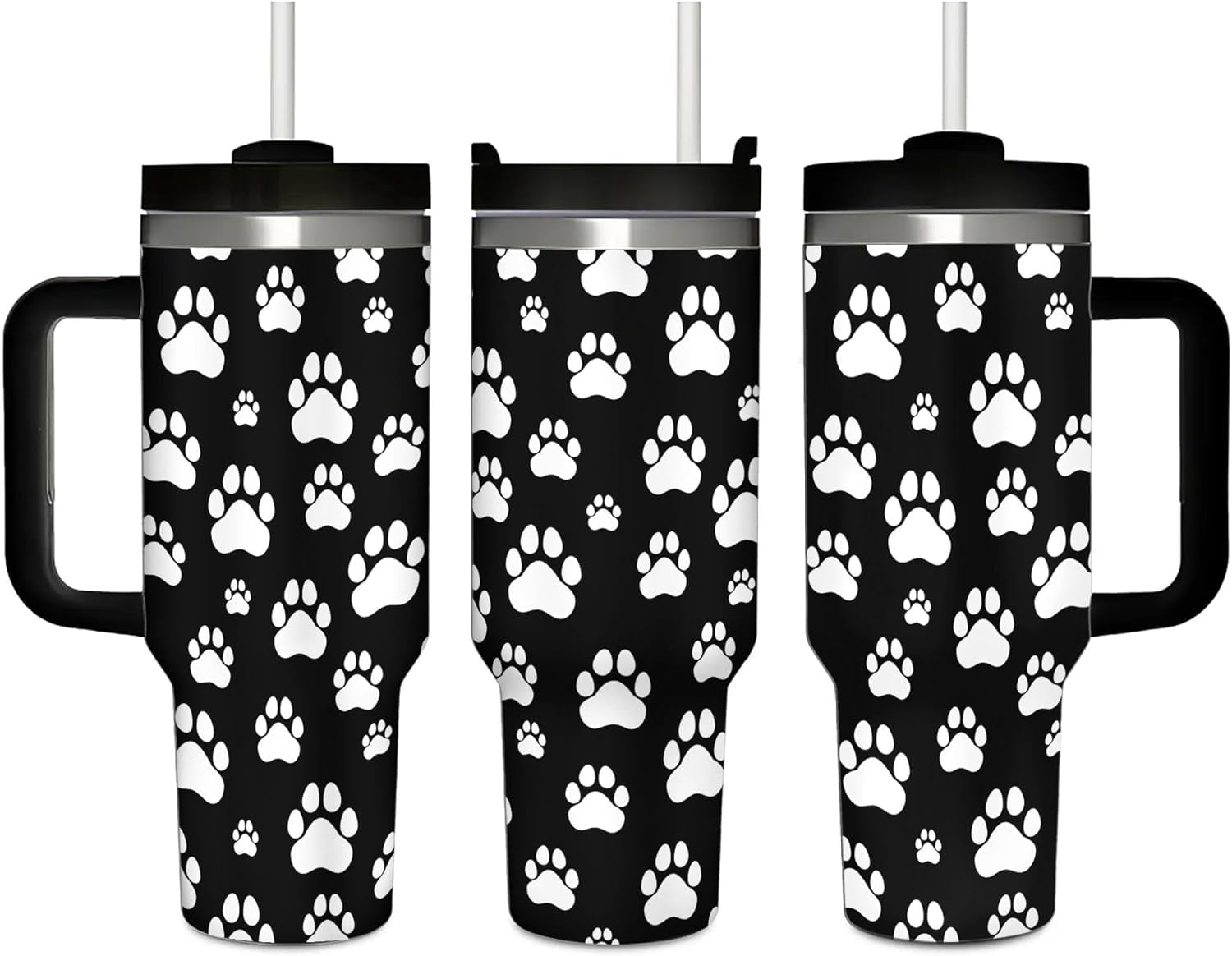 Dog Paw Prints 40 Oz (1200 ml) Insulated Coffee Tumbler with Black Handle, Cute Reusable Stainless Steel Travel Mug Cup with Straw Lid for Women Men Party Birthday Gifts