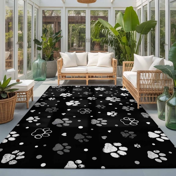 Dog Paw Prints 6'x9' Large Area Rugs Gray White Cat Paws Animal Tracks Black Background Washable Area Rugs Non-Slip Indoor Floor Mats Large Carpet for Living Room Bedroom Dining Room