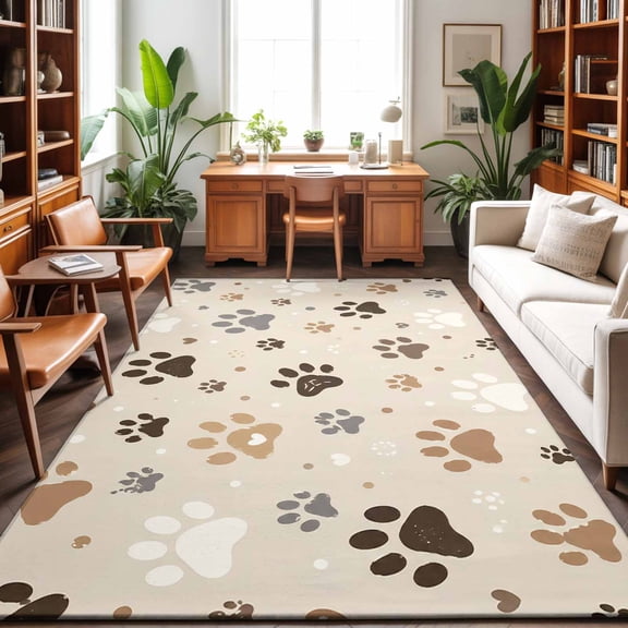 Dog Paw Prints 8'x10' Area Rug for Living Room Sectional Sofa, Brown Khaki Beige Cat Paws Animal Tracks Casual Washable Non Slip Large Rectangle Area Rug