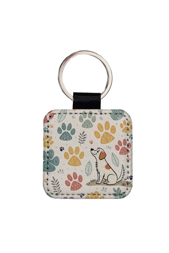 Dog Paw Prints Adorable Faux Leather Square Keychain