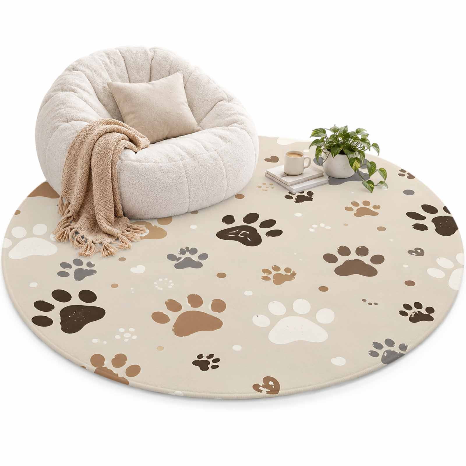 Dog Paw Prints Area Rug 4', Brown Khaki Beige Cat Paws Tracks Casual ...