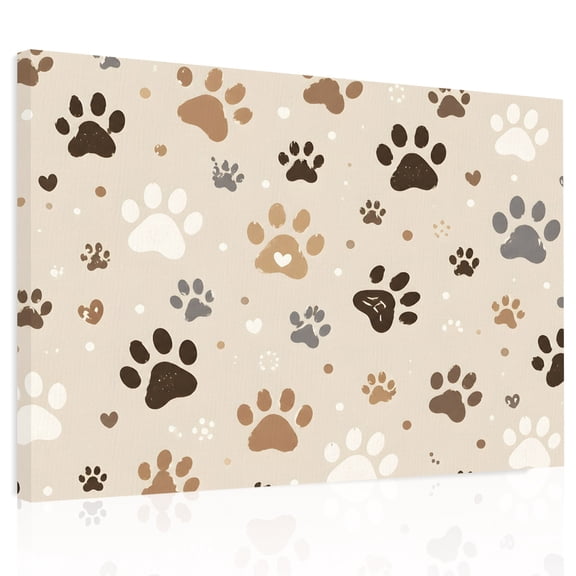 Dog Paw Prints Canvas Print Wall Art, Brown Khaki Beige Cat Paws Animal Tracks Casual Wall Decor Framed Artwork Paintings Pictures for Living Room Bedroom Stretched Ready to Hang, 24" x 32"