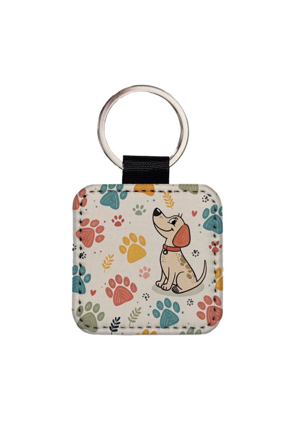 Dog Paw Prints Pastel Faux Leather Square Keychain