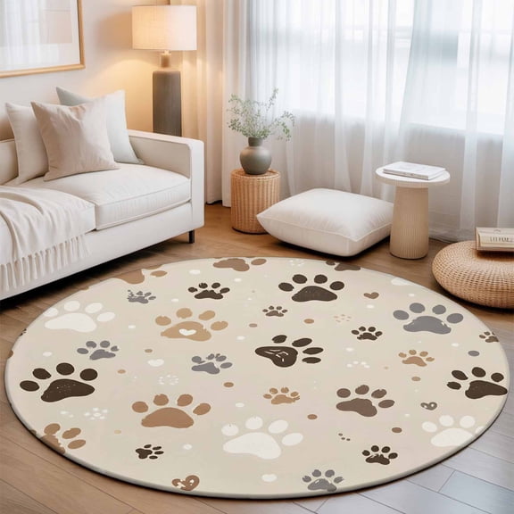 Dog Paw Prints Round Rug 6Ft Brown Khaki Beige Cat Paws Animal Tracks Casual Circle Area Rugs Washable Non Slip Indoor Floor Mats Carpet for Living Room Bedroom Dining Room Home Decor