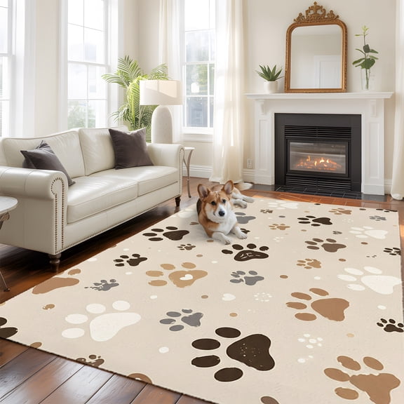 Dog Paw Prints Washable Area Rug 5x7 Brown Khaki Beige Cat Paws Animal Tracks Casual Low-Profile Large Area Rugs with Non Slip Backing Indoor Floor Carpet for Entrance Living Room Bedroom Home Office