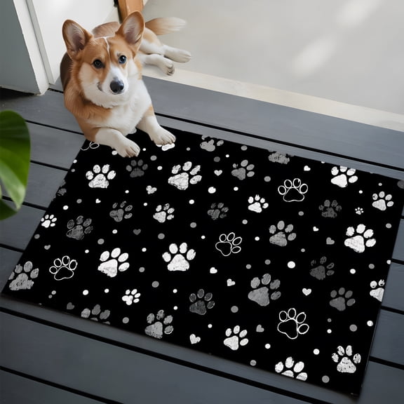 Dog Paw Prints Washable Entry Rug 2x3 Gray White Cat Paws Animal Tracks Black Background Low Pile Indoor Door Mat with Rubber Backing Thin Area Rug for for Entrance, Bedroom, Kitchen, Laundry