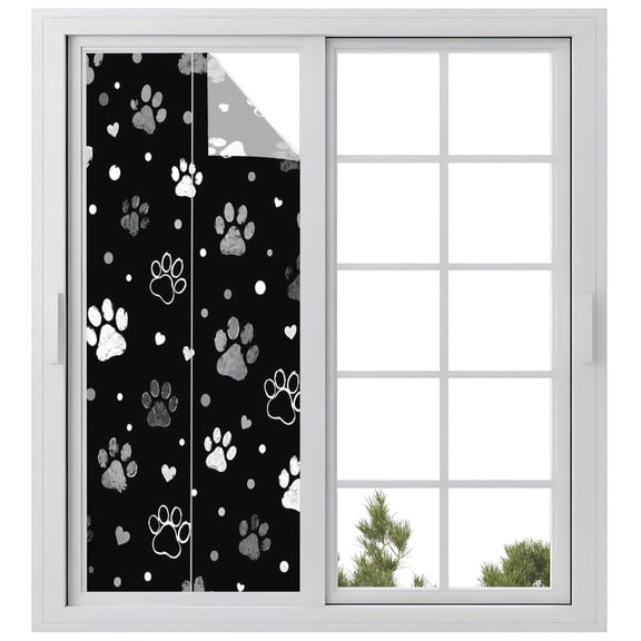 Dog Paw Prints Window Privacy Film, Gray White Cat Paws Animal Pattern Tracks Black Background Frosted Glass Window Clings Static Cling UV Heat Blocking Reusable Sticker for Bathroom 23.6 x 59 Inch
