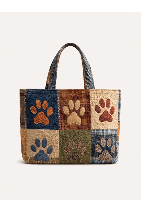 Dog Paw Quilted Tote Bag, Rustic Patchwork Shoulder Bag, Boho Denim Style Dog Lover Carryall