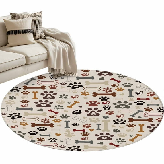 Dog Paw Round Area Rug 3 FT, Small Kitchen Bathroom Mat, Vintage Farmhouse Dog Bones Love Heart Washable Indoor Outdoor Throw Runner Carpet Non-Shedding Doormat for Table Shower Sofa Entryway