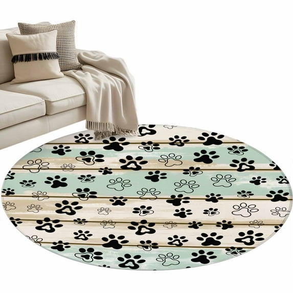 Dog Paw Round Area Rug 4ft Farmhouse Wood Grain Non-Slip Washable ...