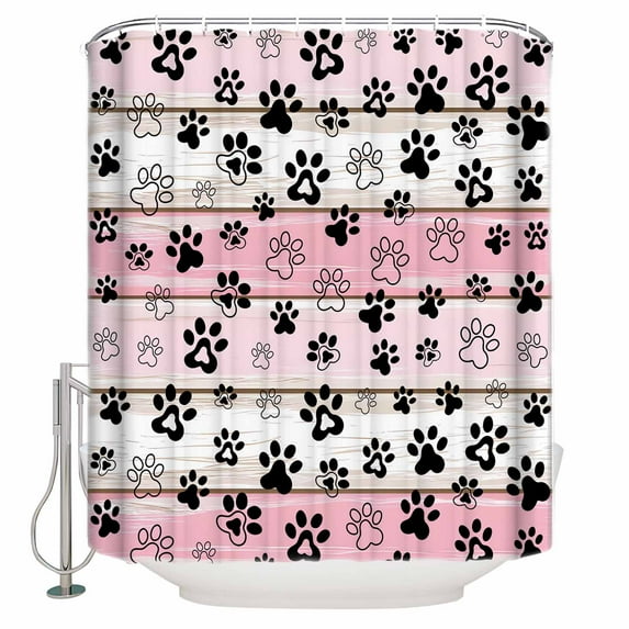 Dog Paw Shower Curtain, 66" x 72", Pink Wood Grain Farmhouse Vintage Board Waterproof Bathroom Curtain Washable Shower Curtain Set with 12 Hooks