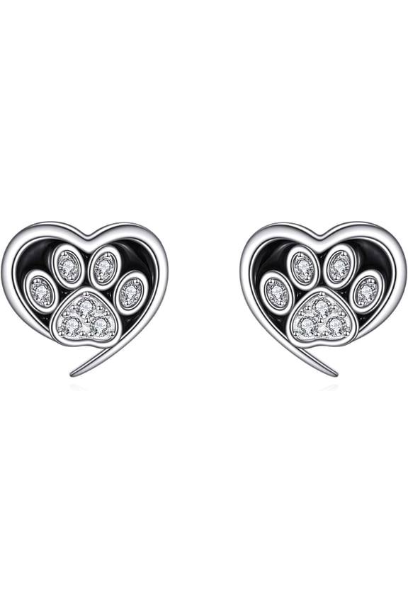 Dog Paw Studs Earrings 925 Sterling Silver Heart Paw Print Stud Earrings for Women CZ Jewelry for Wife Mother Daughter Sister Pet Lovers Birthday Gift