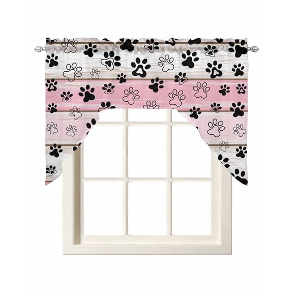Dog Paw Swag Valance and Tier Curtains Set Pink Wood Grain Farmhouse Vintage Board Kitchen Curtains 3 Piece Set Rod Pocket Panels for Bedroom Cafe 56x36 inch