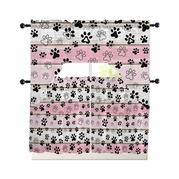 Dog Paw Swag Valance and Tier Curtains Set Pink Wood Grain Farmhouse Vintage Board Kitchen Curtains 3 Piece Set Rod Pocket Panels for Bedroom Cafe Swag Valances and 36 inches Tiers