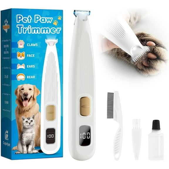 Dog Paw Trimmer with LED Light, 35dB Low Noise Precision Pet Paw Trimmer for Dogs Cats Grooming Clippers, 2 Speed Safety Electric Paw Hair Trimmer for Paws, Ears, Rump, Face, Eyes (White)