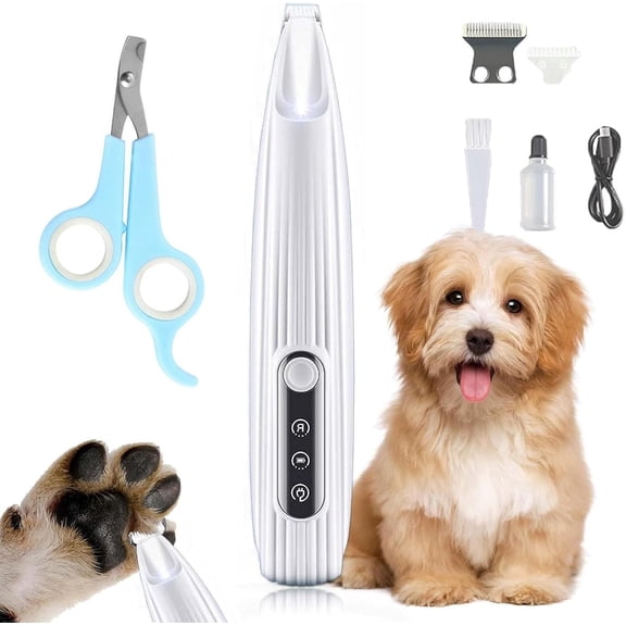 Dog Paw Trimmer, Rechargeable Pet Shaver with LED Light, Low Noise, Multi-Function for Paws, Ears, Face, Rump