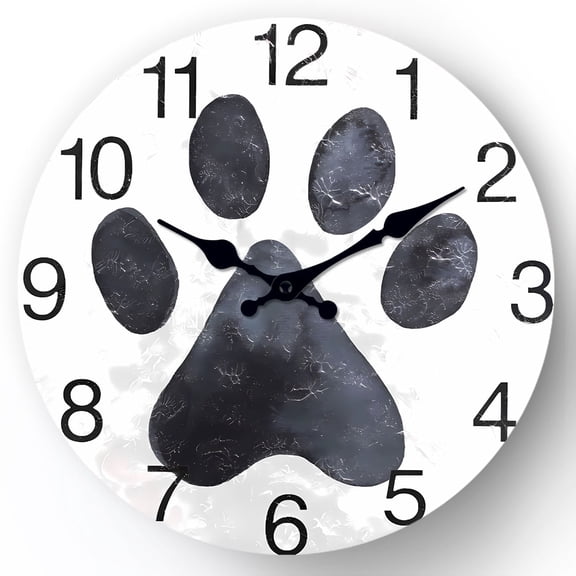 Dog Paw Wall Clock Battery Operated 12 Inch Silent Non Ticking Wooden Wall Clock Cute Footprint Round Clock for Living Room Bedroom Office Decor