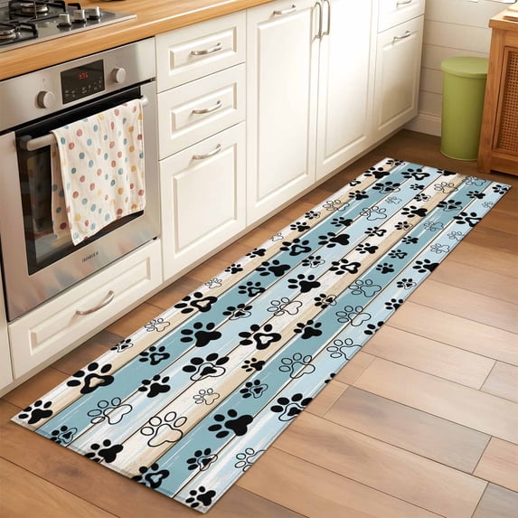 Dog Paw Washable Area Rug 2x6 Blue Wood Grain Farmhouse Vintage Board Low-Profile Area Rugs with Non Slip Backing Indoor Floor Carpet for Entrance Living Room Bedroom Home Office