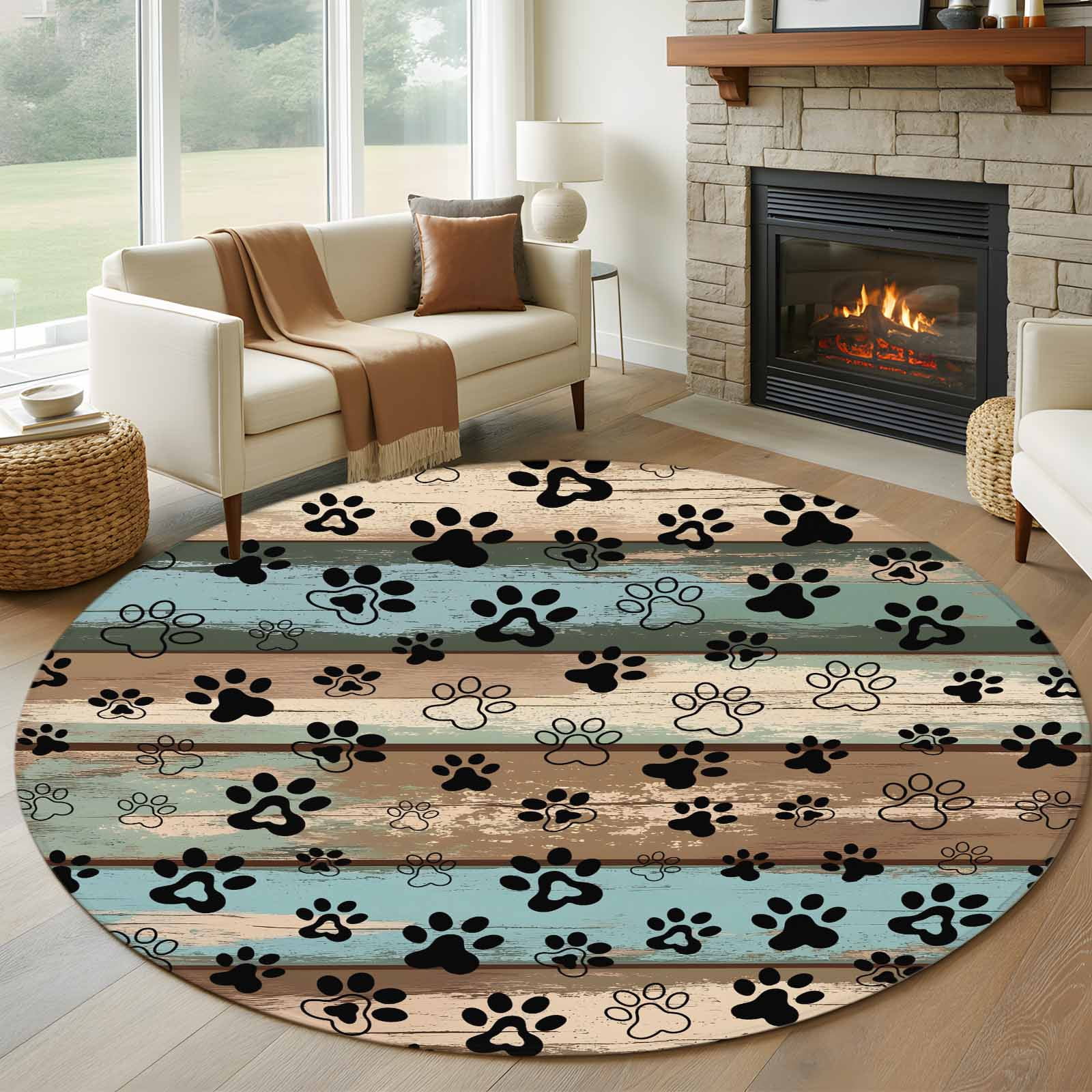 Round Pet Rug Dog Paws 7FT Round Area Rugs for Living Room Blue Brown Wood Grain ...