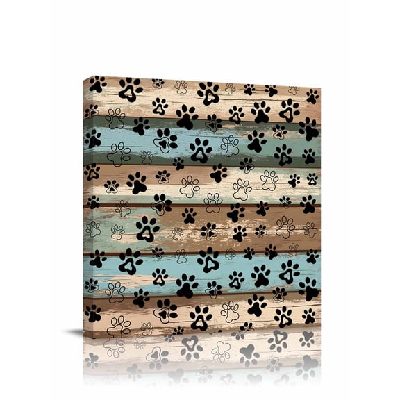 Dog Paws Canvas Wall Art, Blue Brown Wood Grain Vintage Framed Wall Decor Modern Artwork Prints Painting for Living Room, Bedroom, Kitchen & Cafe Decor 16x16 Inch