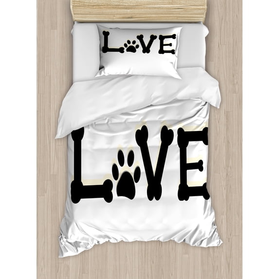 Dog Paws Duvet Cover Set, Composition of Love Typography Bones on a Plain Background, Decorative 2 Piece Bedding Set with 1 Pillow Shams, Twin Size, Charcoal Grey Cream, by Ambesonne