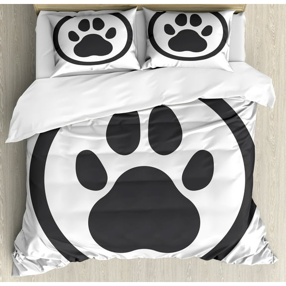 Dog Paws Duvet Cover Set, Logo of a Pet Foot Print on Plain Background Symbolic Pet Care Design, Decorative 3 Piece Bedding Set with 2 Pillow Shams, Queen Size, Dark Grey and White, by Ambesonne
