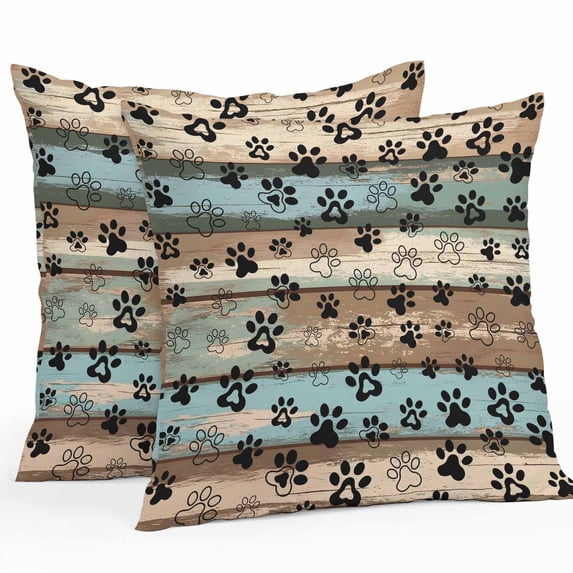 Dog Paws Outdoor Pillow Covers Pack of 2 Blue Brown Wood Grain Vintage Waterproof Throw Pillow Covers Decorative Cushion Cases for Patio Garden Tent Balcony Couch 20x20 inch