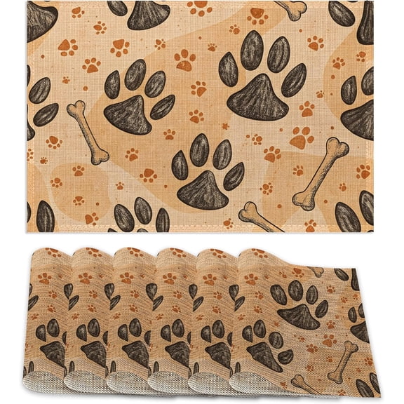 Dog Paws Placemats Set of 6,Bones Table Mates Non-Slip Heat Resistant Washable Linen Place Mats for Party Kitchen Dining Decoration Indoor Outdoor 12"x18"