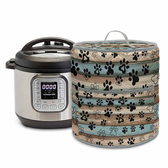 Dog Paws Pressure Cooker Cover Blue Brown Wood Grain Vintage Dust Cover for Kitchen Appliances with Top Handle & Storage Pockets, Fits 6 Quart Instant Pot, Air Fryer, Crock Pot