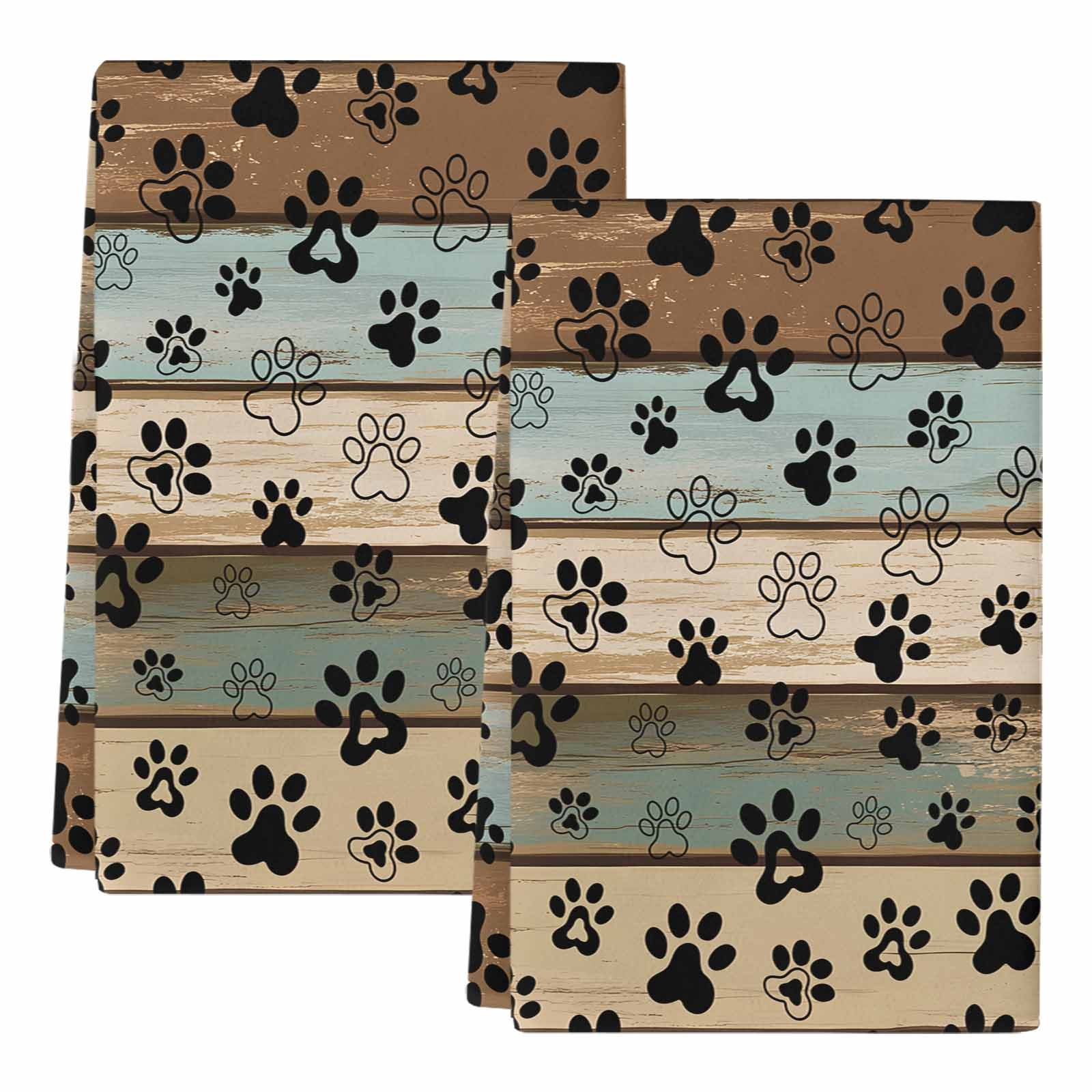 Dog Paws Printed Kitchen Towels Set of 2, Vintage Teal Brown Wooden Farmhouse Soft Microfiber Dish Towels, Absorbent Quick-Dry Washable Dishcloths for Kitchen Cleaning, Drying Dishes, 18x28 Inches