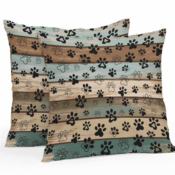 Dog Paws Printed Throw Pillow Covers 20x20 Inch Set of 2, Vintage Teal Brown Wooden Farmhouse Waterproof Outdoor Pillow Covers, Decorative Cushion Pillowcases for Couch, Sofa, Bed, Garden, Patio