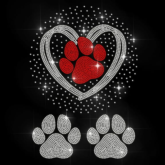 Dog Paws Rhinestone Iron on Decal Love Pet Theme Hotfix Transfer Sticker Cute Paw Prints Heat Transfer Patch Bling Clothing Repair Applique for T-Shirt Hat Jacket Garment Bag DIY Decor