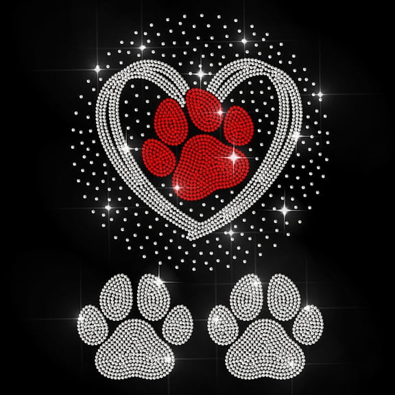 Dog Paws Rhinestone Iron on Decal Love Pet Theme Hotfix Transfer Sticker Cute Paw Prints Heat Transfer Patch Bling Clothing Repair AppliqueDIY