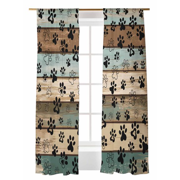 Dog Paws Sheer Curtains 2 Panels Set Teal Brown Wood Grain Vintage Lihgt Filtering Rod Pocket Voile Drape, Semi Sheer Window Curtains for Bedroom Living Room, 52"x108"