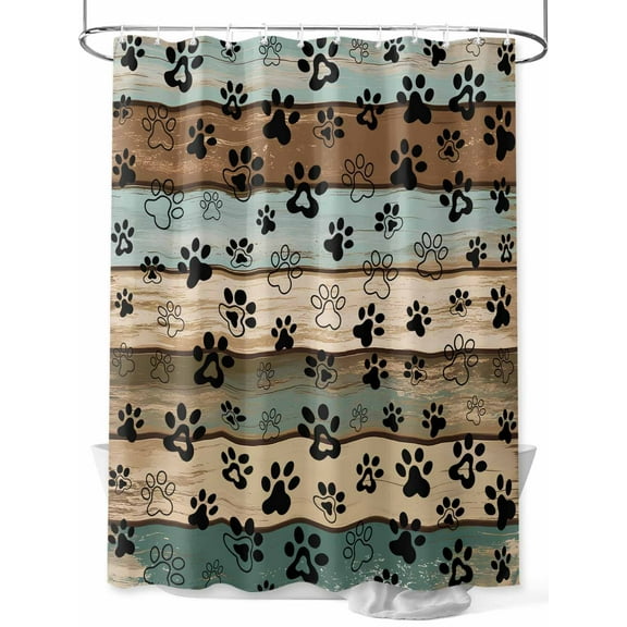 Dog Paws Shower Curtain, Teal Brown Wood Grain Vintage Waterproof Shower Curtain Set with 12 Hooks Lightweight Washable Fabric Shower Curtains for Bathroom 72x84 Inches