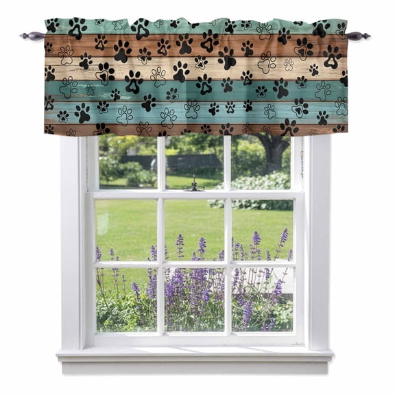 Dog Paws Valances for Windows Brown Blue Wood Grain Rod Pocket Cafe Window Treatments Valance Curtains for Kitchen Bathroom Laundry Basement Windows 42"x12"