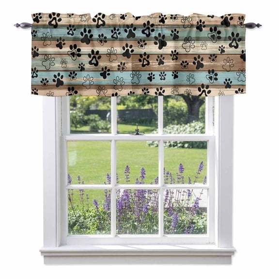 Dog Paws Valances for Windows, Blue Brown Wood Grain Valance Window Treatment Rod Pocket Short Curtains Valances for Kitchen Bathroom 54"W x 18"L