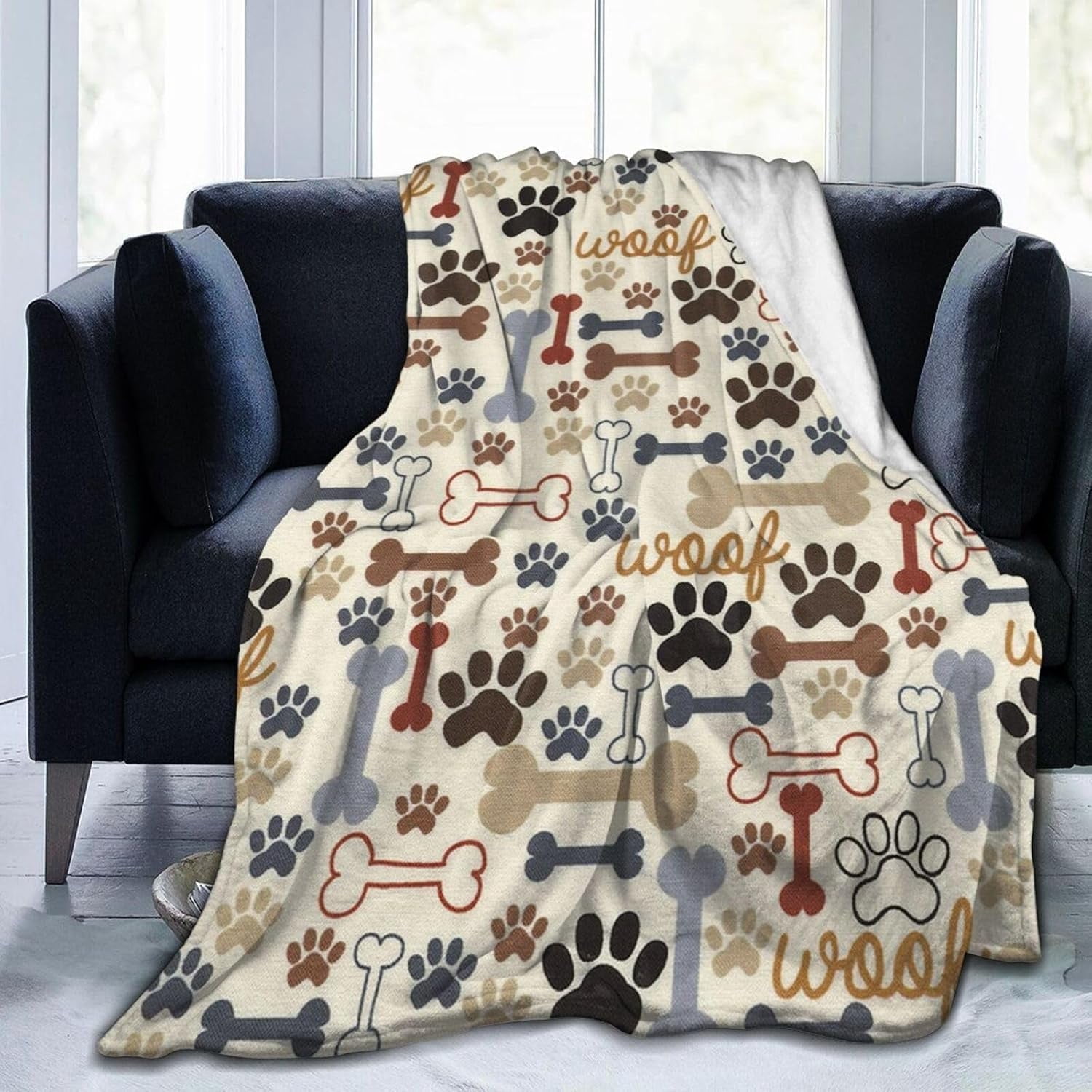 Dog Paws and Bones Print Throw Blanket Flannel Fleece Blankets Soft Plush for Sofa Couch Bedroom Gift 50"X40"