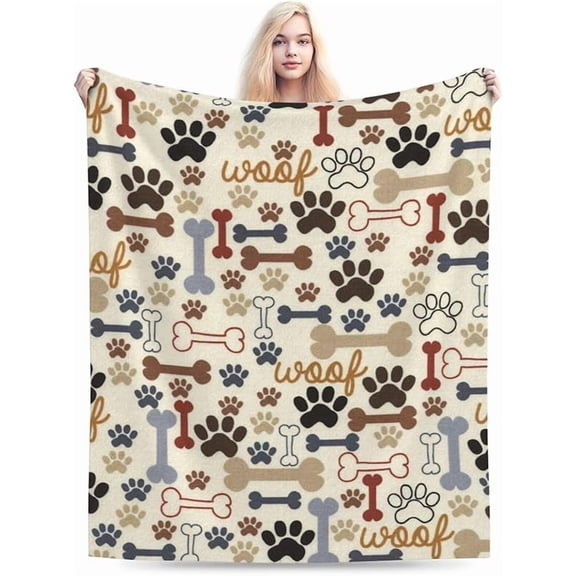 Dog Paws and Bones Print Throw Blanket Flannel Fleece Blankets Soft Plush for Sofa Couch Bedroom Gift 60"X50"