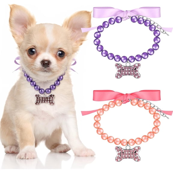 Dog Pearl Necklace Adjustable Fancy Pearls Jewelry with Bling Rhinestones Big Bone Charm Cute Wedding Collar Girl Costume Outfits Accessories for Small Dogs Puppy Cat, 8-10 Inch (Purple, Pink)