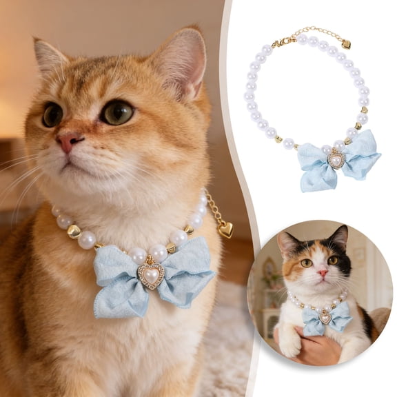 Dog Pearl Necklace with Big Bow Charm, Fancy Pearls Jewelry Collar for Small Dogs, Puppy Cat Wedding Collar, Rhinestone Kitten Necklace for Birthday Parties, Cute Girl Outfits Accessories
