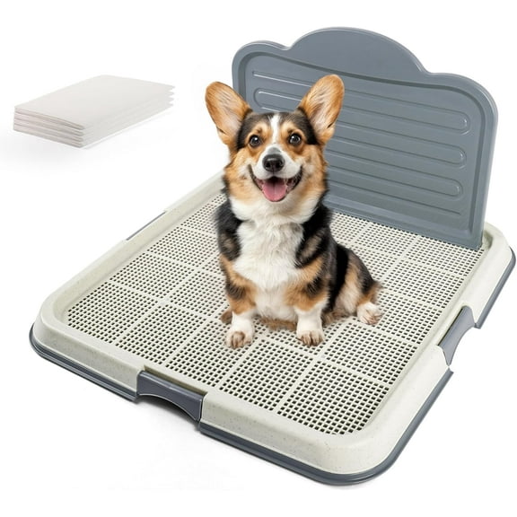 Dog Pee Pad Holder with High Wall, Large Puppy Potty Training Tray with Mesh Grid & Splash Guard, 23.6 x 23.6 Indoor Dog Litter Box, Includes 4 Disposable Pee Pads