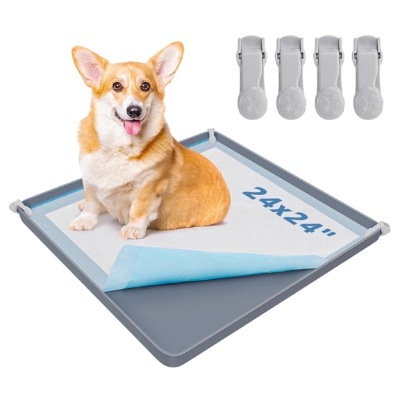 Dog Pee Pad Holder - Silicone Puppy Pad Holder - High Edge Dog Potty Tray with 4 Holder Clamps for Puppy Potty Training, Fits Up to 24" x 24" Training Pads, Gray