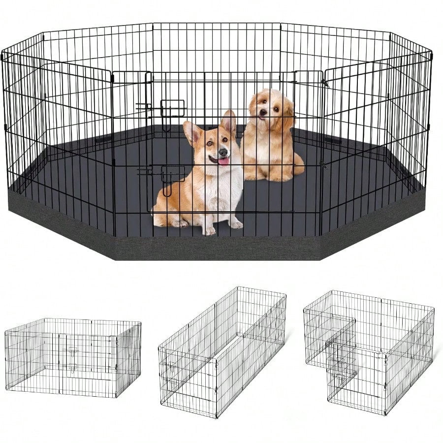 Dog Pen Pet Playpen Dog Fence Indoor Foldable Metal Wire Exercise Puppy Play Yard Pet Enclosure Indoor Outdoor 8 Panels 24 Inch with Bottom Pad/Top Cover Black with Bottom pad
