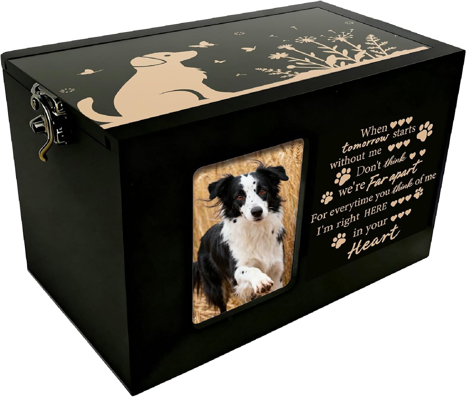 Dog Pet Urn Wooden Pet Memorial Box Dog Flower Butterfly Words Pattern Rectangle Storage Containers Cremation Box with oto Frame